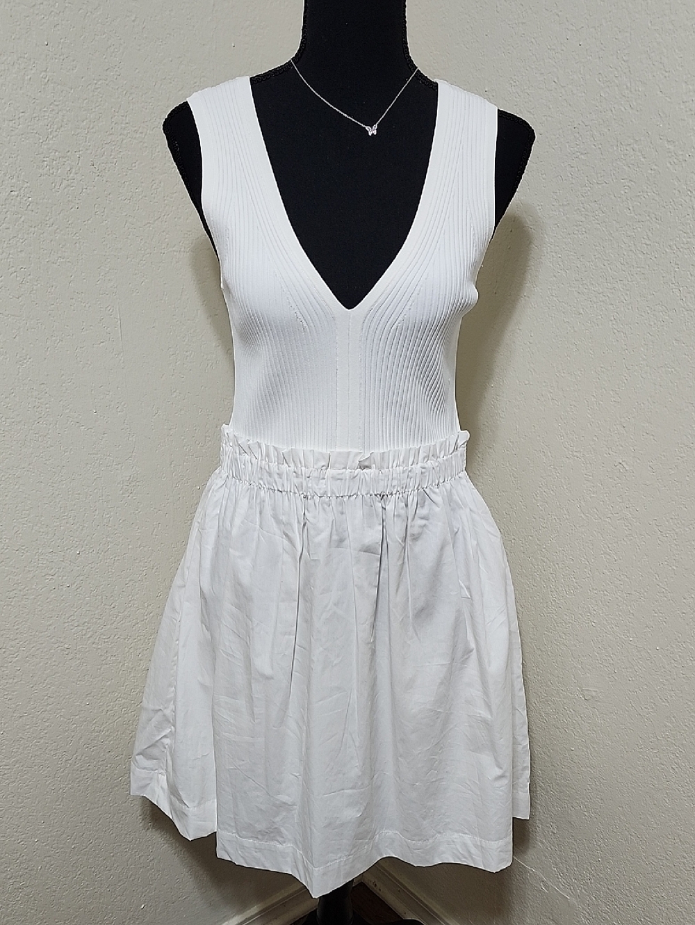 NWT Joie White Mixed Media Mini Dress Ribbed Knit Poplin Skirt Size L Quiet Lux